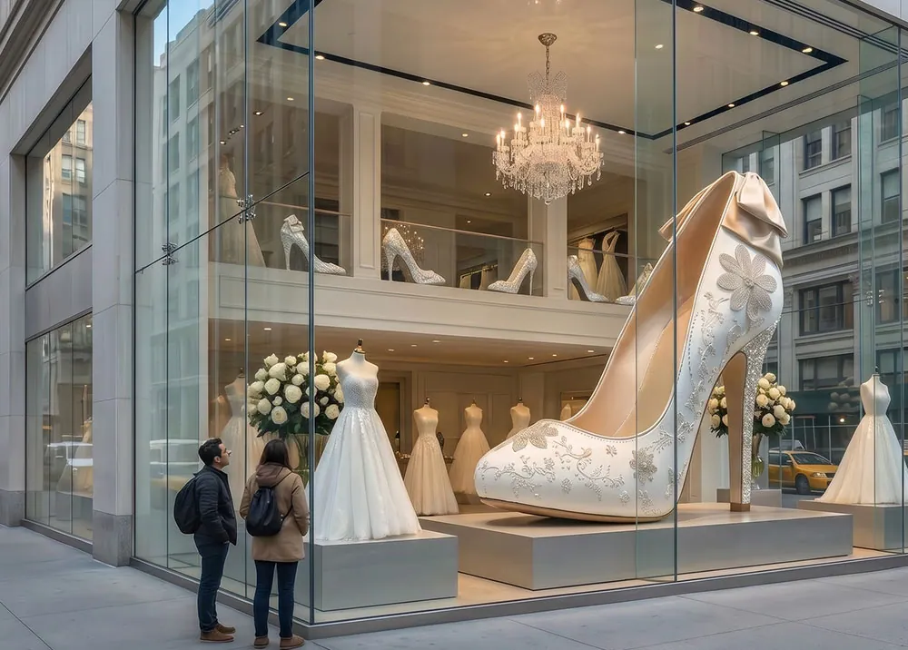 Oversized white bridal high heel sculpture displayed in a luxury bridal boutique